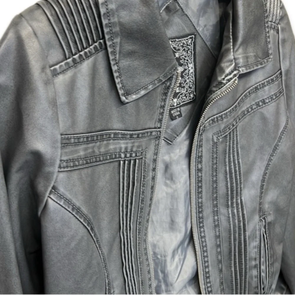 EUC [Beverly Hills Polo Club] Dark Gray Zip-Up Leather Jacket Women’s Sz Medium - Picture 4 of 12